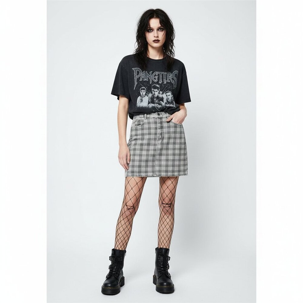 Memphis Juniors Gray Plaid Denim Skirt Size 5 Vintage Grunge Dark Academia‎